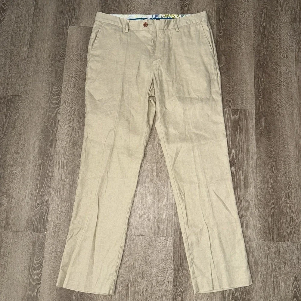 Tommy Bahama Latigo Beach Linen Blend Pants Mens 35x32 Beige Herringbone CoolMax